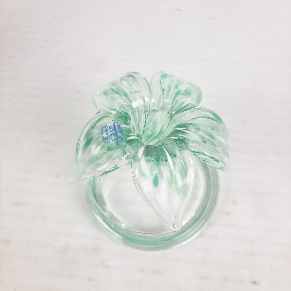 🔥Vintage Handblown Green Clear Flower Petal Coil Blown GlassArt 3" Tall
